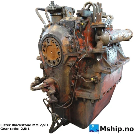 Lister Blackstone MM 2,5:1 — Manufacturer: Lister Blackstone, Model: MM 2,5:1, Serial number: MM2672C1, HP: 706  ? ? ?, Other: Marking plate is difficult to read so information is not guaranteed accurate, Gear type: FP  - normal reverse gear for fixed propeller blades, Gear ratio: 2.5:1