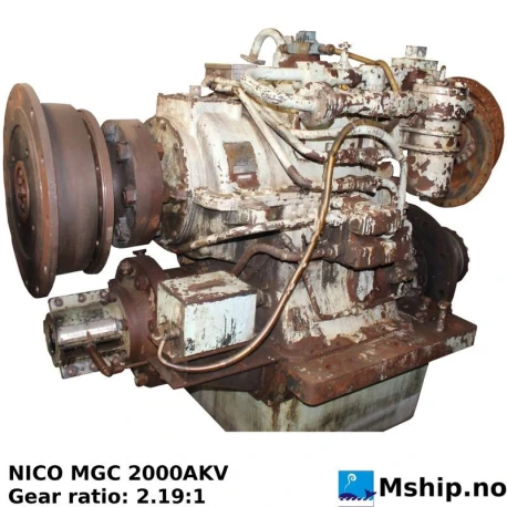 NICO MGC 2000AKV — Manufacturer: NICO, Model: MGC 2000AKV, Serial number: 20K0144, Performance specification: Spec NO S00195000, Year: 1973, HP: 2000 , kW: 1471, RPM: 600, Gear type: Non Reversing Gearbox  CPP  - to be used with controllable pitch propeller, Gear ratio: 2.19:1