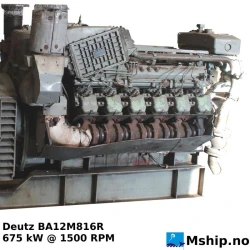 Deutz BA12M816R — Model: BA12M816R, Serial number: 6985166, Performance specification: Have been used to drive generator., Year: 1985, HP: 918, kW: 675, RPM: 150, Running Hours: 10615, Cylinder bore: 142 mm, Piston Stroke: 160 mm, Number of cylinders: 12, Cylinder configuration: 120°  V engine, Rotation direction: CCW - Counter clockwise seen from aft, Other: ISO NET brake fuel stop power: 700 kW @ 1500 rpm, Weight: 2820 kg., Remarks: Displacement: 30.408 Liter