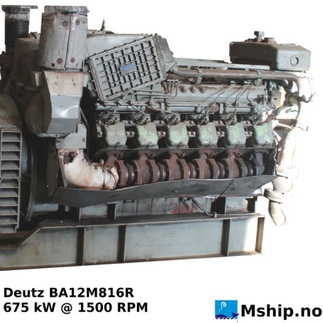 Deutz BA12M816R — Model: BA12M816R, Serial number: 6985166, Performance specification: Have been used to drive generator., Year: 1985, HP: 918, kW: 675, RPM: 150, Running Hours: 10615, Cylinder bore: 142 mm, Piston Stroke: 160 mm, Number of cylinders: 12, Cylinder configuration: 120°  V engine, Rotation direction: CCW - Counter clockwise seen from aft, Other: ISO NET brake fuel stop power: 700 kW @ 1500 rpm, Weight: 2820 kg., Remarks: Displacement: 30.408 Liter