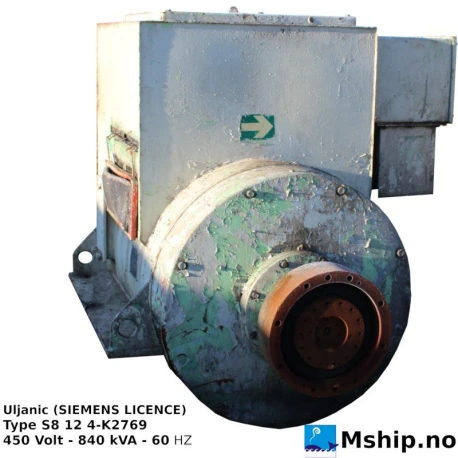 Uljanik (SIEMENS LICENCE) Type S8 12 4-K2769 — Manufacturer: Uljanik (SIEMENS LICENCE), Model: Type S8 12 4-K 2769, Serial number: 821285 . 5, RPM: 1800, Rotation direction: CW, Class: DNV, Other: Weight about 3 ton., Generator end type: Uljanik (SIEMENS LICENCE) Type S8 12 4-K2769, Amps: 1080, Volt: 450, HZ: 60, kVA: 840