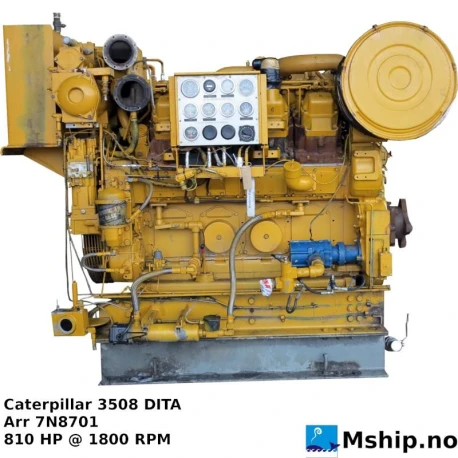 Caterpillar 3508 DITA — Manufacturer: Caterpillar, Model: 3508 DITA, Arrangement number: 7N8701, Serial number: 23Z04350, Year: 1992, HP: 810, kW: 596, RPM: 1800, Cylinder bore: 170 mm, Piston Stroke: 190 mm, Number of cylinders: 8, Cylinder configuration: V-engine, Rotation direction: CCW, Fuel Type: Diesel, Class: DNV, Other: Air starter.
