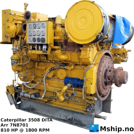 Caterpillar 3508 DITA — Manufacturer: Caterpillar, Model: 3508 DITA, Arrangement number: 7N8701, Serial number: 23Z04347, Year: 1992, HP: 810, kW: 596, RPM: 1800, Cylinder bore: 170 mm, Piston Stroke: 190 mm, Number of cylinders: 8, Cylinder configuration: V-engine, Rotation direction: CCW, Fuel Type: Diesel, Class: DNV, Other: Air starter.