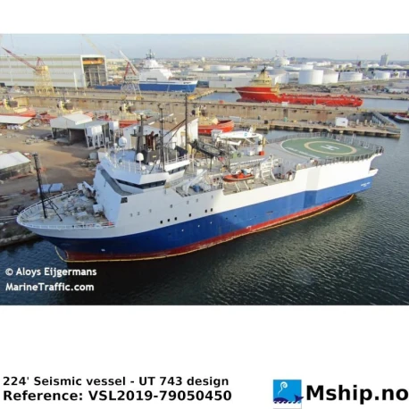 224' Seismic vessel - UT 743 design — Manufacturer: Ulstein Verft AS, Norway, Model: UT 743 design, Serial number: Yard no. 234, Year: 1993, Class: Det norske Veritas Class + A1, Ice-C. E0, Heldk., Length Overall LOA Meter: 78, Length between Perpendicular Meter: 67,7, Molded Breadth Meter: 17, Molded Depth Meter: 7,59, Draft (Maximum) Meter: 5,4, Clear Deck M²: Work deck area (Main deck): (8000 sq.ft) 740 m2, Gross tonnage ITC (registred): 3700, Net Tonnage  ITC (registred): 1076, Fuel Oil:: 1330, Fresh Water M³ : 225,4, ACCOMMODATIONS:: Accommodation 56 persons in total, of which: - 18 one-man cabines- 18 two-man cabines - 1 two-bed hospital, Main Engines:: Bergen Diesel, main engines: 2 x BD 32 M (BRM-6) & each of 3300 BHP at 750 rpm., Bow Thrusters:: Ulstein Propeller, bow thruster: 150 TV, 590 kW/800 HP, el.driven., Propulsion:: Ulstein Propeller: Twin screw propulsion comprizing: 2 x 1500 AGSC controllable pitch propulsion plants, each with: Low noise, 4-bladed secwed CP-propeller, driven through a reduction gearbox with two-speed PTO for shaft generator., Shaft Generators:: 2 x 2000 kVA, 450 V, 60 Hz, Ship’s Service Generators:: Aux.generator: 1 x 1338 kVA, 450 V, 60 HZ, driven by one
Caterpiller 3512 TA, diesel engine, rated at 1125 HP at 1800 rpm
Clean power: 2 x 73,6 kVA, 208 V, 60 Hz, SCFM, 2000 psi, driven by Caterpiller 3516 Diesel engine., LIFESAVING EQUIPMENT: Life boats: 2 x 48 persons enclosed. Life rafts: As per Solas. , Rudders / steering gear: Ulstein high lift rudders: 2 off, Maximum speed: Trial Speed (4,5): 15,6 knots, Economical speed: 14 knots, Bollard pull: Design pull, 5 kn: 30 tonnes -  Max.pull, 5 kn: 50 tonnes, Helideck: yes, AS 332 Super Pumpa. CAA/DnV, MOB boat / Work boat: MOB boat: 1 x Seabear 23, with inboard diesel. Davit deployed + Work boat: 1 x Seabear 23, with inboard diesel Davit deployed.