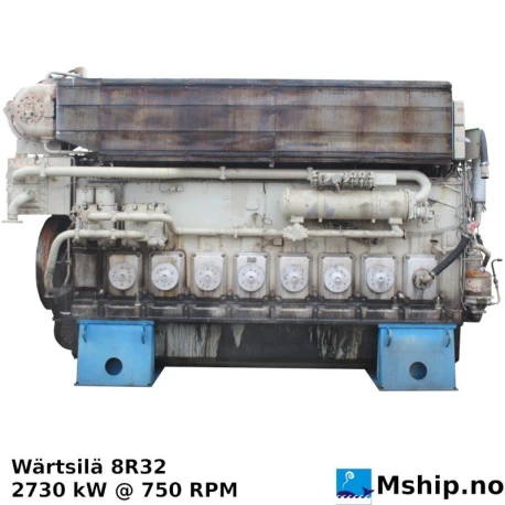 Wärtsilä 8R32 — Manufacturer: Wärtsilä, Model: 8R322, Serial number: 3725, Performance specification: 10140, HP: 3660, kW: 2730, RPM: 750, Running Hours: 47281, Cylinder bore: 320 mm, Piston Stroke: 400 mm, Number of cylinders: 8, Displacement: 257,36 L, Cylinder configuration: In line, Weight: 43,6 Ton