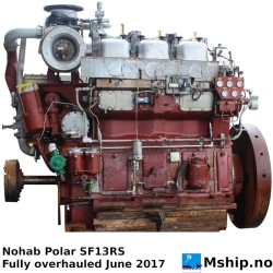Nohab Polar SF13RS — Manufacturer: Nohab Polar, Model: SF13RS, Serial number: 21079862, Year: 1973, HP: 525 , kW: 391, RPM: 750, Cylinder bore: 250.825 mm  (9- 7/8"), Piston Stroke: 298.45 mm    (11-3/4"), Number of cylinders: 3, Displacement: 44,241 Liter, Cylinder configuration: In line, Fuel Type: Diesel, Class: Lloyd’s Register, Other: Completely overhauled June 2017., Weight: 3900 kg without flywheel, Length Overall LOA Meter: 2,3 meter