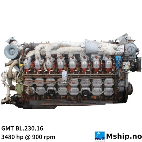 GMT BL.230.16 — Manufacturer: GMT  (Fiat), Model: BL.230.16M, Serial number: 104***   See photo, Year: 1981, HP: 3480, kW: 2560, RPM: 900, Cylinder bore: 230 mm, Piston Stroke: 270 mm, Number of cylinders: 16, Displacement: 179,49 Liter, Cylinder configuration: V-engine, Fuel Type: Diesel, Injection pump type: Grandi Motori Trieste GMT PB1B-220-L07, Other: Port Engine, Remarks: Actuator  Barber-Colman Model Dyna1 +16.  DYNC-25000-000-0-24 ( woodward DC18000-000-024 )