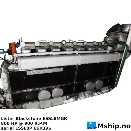 Lister Blackstone ESSL8MGR — Manufacturer: Lister Blackstone, Model: ESSL8MGR, Arrangement number: STB engine, Serial number: ESSL8P 66K396, Year: 1967, HP: 800, kW: 597, RPM: 900, Running Hours:  8663 since last overhaul.   160698 total., Number of cylinders: 8, Cylinder configuration: In line, Fuel Type: Diesel, Turbo model: Naipier Type MS 200, Class: Lloyd’s Register