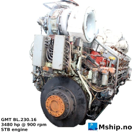 GMT BL.230.16 — Manufacturer: GMT  (Fiat), Model: BL.230.16M, Serial number: 1046, Year: 1981, HP: 3480, kW: 2560, RPM: 900, Cylinder bore: 230 mm, Piston Stroke: 270 mm, Number of cylinders: 16, Displacement: 179,49 Liter, Cylinder configuration: V-engine, Rotation direction: CCW, Fuel Type: Diesel, Injection pump type: Grandi Motori Trieste GMT PB1B-220-L07, Other: Port Engine, Remarks: Actuator  Barber-Colman Model Dyna1 +16.  DYNC-25000-000-0-24 ( woodward DC18000-000-024 )
