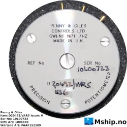 Penny & Giles D20492 potentiometer — Manufacturer: Penny & Giles, Model: D20492/VAR5 Issue: 6, Manufacturers part number: Wärtsilä Art: PAAF152209  -  SME Art: 1006689, Serial number: 10L00723