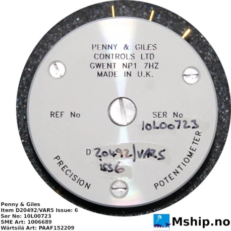 Penny & Giles D20492 potentiometer — Manufacturer: Penny & Giles, Model: D20492/VAR5 Issue: 6, Manufacturers part number: Wärtsilä Art: PAAF152209  -  SME Art: 1006689, Serial number: 10L00723