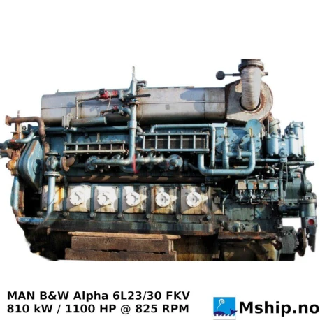 MAN B&W Alpha 6L23/30 FKV — Manufacturer: B&W Alpha, Model: 6L23/30 FKV, Serial number: 15058, Year: 1987, HP: 1100, kW: 810, RPM: 825, Number of cylinders: 6, Cylinder configuration: In line, Other: Gear 39 KV8