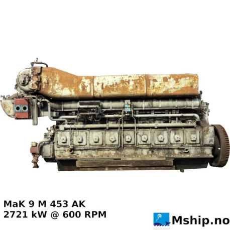MaK 9 M 453 AK — Manufacturer: MaK, Model: 9 M 453 AK, Serial number: 26509, Year: 1981, HP: 3700, kW: 2760, RPM: 600, Cylinder bore: 320 mm, Piston Stroke: 420 mm, Number of cylinders: 9, Displacement: 304.33 Liter, Cylinder configuration: In line, Fuel Type: HFO, Class: DNV