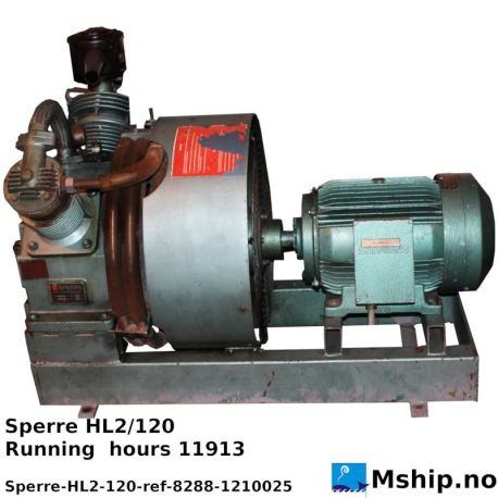 Sperre HL2/120 Start air compressor — Manufacturer: Sperre, Model: HL2/120, Serial number: 1210025, kW: 16.5, RPM: 1170, Running Hours: 11913, Number of cylinders: 2, Cylinder configuration: V, Class: DNV, Volt: 440, HZ: 60, Working pressure BAR: 30, Test Pressure BAR: 45