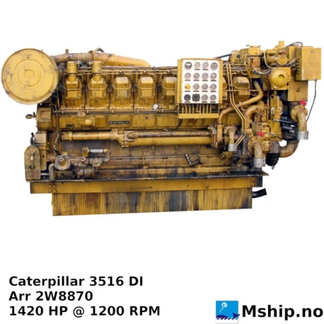 Caterpillar 3516 DI — Manufacturer: Caterpillar, Model: 3516 DI, Arrangement number: 2W8870, Serial number: 72Z00388, Year: 1990, HP: 1410, kW: 1051, RPM: 1200, Running Hours: 52290, Cylinder bore: 170 mm, Piston Stroke: 190 mm, Number of cylinders: 16, Cylinder configuration: V-engine, Rotation direction: CCW - Counter clockwise seen from aft, Fuel Type: Diesel, Turbo model: Brown Boveri RR153    -  2 pcs., Class: DNV, Other: Torsional vibration damper: Caterpillar Visconic