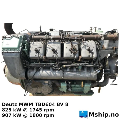 Deutz MWM TBD604 BV 8   V8 — Manufacturer: Deutz MWM, Model: TBD604 BV 8, Serial number: 604.08.010026 - New serial number in 2007: 604.08010264  (new factory engine), Year: 1990 / 2007  (new factory engine in 2007), HP: 1122 @ 1745 rpm / 1244 @ 1800 rpm, kW: 825 @ 1745 rpm / 907 @ 1800 rpm, RPM: 1745 / 1800, Running Hours: 4240, Cylinder bore: 160 mm, Piston Stroke: 185 mm, Number of cylinders: 8, Cylinder configuration: V-engine, Fuel Type: Diesel, Class: Germanischer Lloyd, Other: Original engine replaced by new factory engine with new serial number in 2007