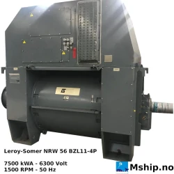 Leroy-Somer NRW 56 BZL11-4P — Manufacturer: Leroy-Somer, Model: NRW 56 BZL11-4P, Serial number: 162 65 1, Year: 1995, kW: 4500, RPM: 1500, Other: Weight 16500 kg., Generator end type: Leroy-Somer NRW 56 BZL11-4P, Amps: 687,3, Volt: 6300, HZ: 50, kVA: 7500