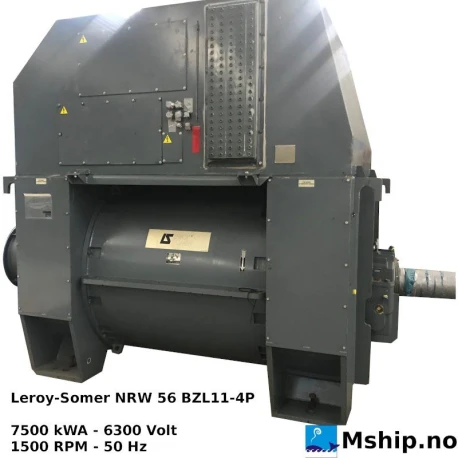 Leroy-Somer NRW 56 BZL11-4P — Manufacturer: Leroy-Somer, Model: NRW 56 BZL11-4P, Serial number: 162 65 1, Year: 1995, kW: 4500, RPM: 1500, Other: Weight 16500 kg., Generator end type: Leroy-Somer NRW 56 BZL11-4P, Amps: 687,3, Volt: 6300, HZ: 50, kVA: 7500