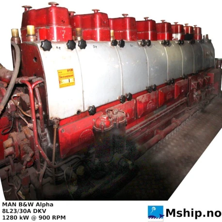 MAN B&W Alpha 8L23/30A DKV — Manufacturer: MAN B&W Alpha, Model: 8L23/30A DKV, Serial number: 18002, Year: 1992, HP: 1716, kW: 1280, RPM: 900, Cylinder bore: 225 mm, Piston Stroke: 300 mm, Number of cylinders: 8, Cylinder configuration: In line, Class: DNV, Gear type: Alpha gear type 44KV13 available., DIMENSIONs: See photo with Dimmentions