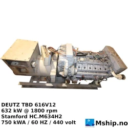 DEUTZ MWM TBD 616 V12 — Manufacturer: Deutz MWM, Model: TBD 616 V12, Serial number: 2204193, Year: 2001, HP: 847, kW: 632, RPM: 1800, Running Hours: 18841, Cylinder bore: 132 mm, Piston Stroke: 160 mm, Number of cylinders: 12, Cylinder configuration: V-engine, Fuel Type: Diesel, Class: DNV, Generator end type: STAMFORD HC.M634H2, Amps: 984, Volt: 440, HZ: 60, kVA: 750