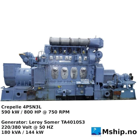 Crepelle 4PSN3L — Manufacturer: Crepelle, Model: 4PSN3L, Arrangement number: 129VLS82, Serial number: 3528, Year: 1982, HP: 800, kW: 590, RPM: 750, Running Hours: 97787, Number of cylinders: 4, Cylinder configuration: In line, Fuel Type: Diesel, Class: BV, Generator end type: Leroy SomerTA4010S3   Nr 56935/1, Amps: 474 @ 220Volt  / 273 @ 380 Volt, Volt: 220 / 380, HZ: 50, kVA: 180