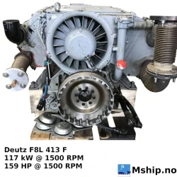 Deutz F8L 413 F — Manufacturer: Deutz, Model: F8L 413 F, Serial number: 7250337, HP: 159, kW: 117, RPM: 1500, Number of cylinders: 8, Cylinder configuration: V-engine, Fuel Type: Diesel, Class: Germanischer Lloyd, Other: Air cooled, Gear type: FP  - normal reverse gear for fixed propeller blades