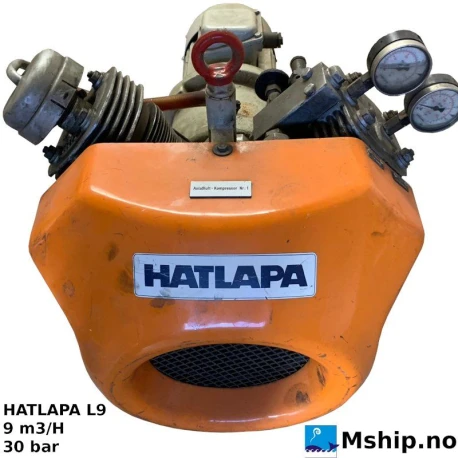 HATLAPA L9 — Manufacturer: HATLAPA, Model: L9, Serial number: 41985, Year: 1990, HP: 4, kW: 3, RPM: 1400, Amps: 7,3, Volt: 380, HZ: 50, m³ /h, cubic meter per hour capacity: 8,4, Electric motor type: SCHORCH Type BD9100L-BA520-Z, Working pressure BAR: 30