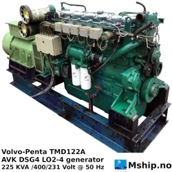 Volvo-Penta TMD122A — Manufacturer: Volvo, Model: TMD122A, Arrangement number: Spec 867926, Serial number: 11010568 / 255077, Year: 1995, RPM: 1500, Cylinder bore: 130.2 mm, Piston Stroke: 150 mm, Number of cylinders: 6, Cylinder configuration: In line, Rotation direction: CCW - Counter clockwise seen from aft, Fuel Type: Diesel, Class: Lloyd’s Register, Generator end type: AVK DSG4 L2-4, Amps: 325, Volt: 400/231, HZ: 50, kVA: 225, Remarks: Displacement 11.98 lirtes