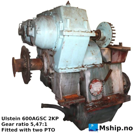 Ulstein 600AGSC 2KP — Manufacturer: Ulstein, Model: 600AGSC 2KP, Serial number: F1401, Year: 1988, Gear type: Non Reversing Gearbox  CPP  - to be used with controllable pitch propeller, Gear ratio: 5.43:1, Remarks: Fitted with two PTO