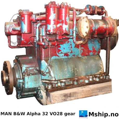 MAN B&W Alpha 32VO28 gear — Manufacturer: B&W Alpha, Model: 32VO28, Serial number: 767, Year: 1986, HP: 2400 ( DNV states 2835 kW ), kW: 1760, RPM: RPM Out: 200, Class: DNV, Gear type: Non Reversing Gearbox  CPP  - to be used with controllable pitch propeller, Gear ratio: 3,2:1