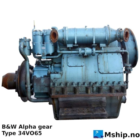 B&W Alpha 34VO65 — Manufacturer: B&W Alpha, Model: 34VO65, Serial number: 626.1, Year: 1981, HP: 3180, kW: 2340, RPM: In: 775  - Out  227, Class: Lloyd’s Register, Gear type: Non Reversing Gearbox  CPP  - to be used with controllable pitch propeller, Gear ratio: 3,4:1