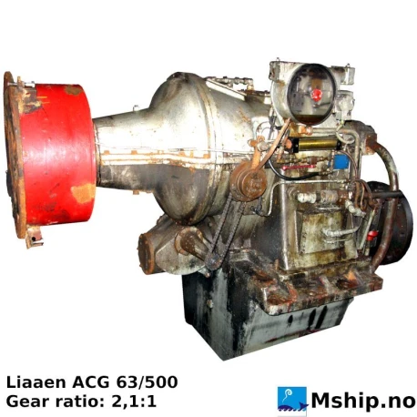 Liaaen ACG 63/500 — Manufacturer: Liaaen, Model: ACG 63/500, Serial number: 1478, Performance specification: Liaaen ACG 63/500, Year: 1977, Rotation direction: Engine rotation: CCW seen from aft. Propeller rotation: CW seen from aft., Gear type: Non Reversing Gearbox  CPP  - to be used with controllable pitch propeller, Gear ratio: 1.5:1