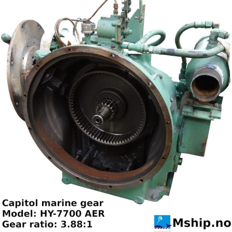 Capitol marine gear HY-7700 AER — Manufacturer: Capitol marine gear, Model: HY-7700 AER, Arrangement number: Option code 2-07705-06012-0100, Serial number: 10363-0679, Year: 1979, HP: 0.228 HP / RPM  - 410 hp @ 1800 rpm, kW: 0.17 kW / rpm -  306 kW @ 1800 rpm, Rotation direction: Engine rotation: CCW - Propeller rotation: CW  - seen form flywheel side., Gear type: FP  - normal reverse gear for fixed propeller blades, Gear ratio: 3,88:1