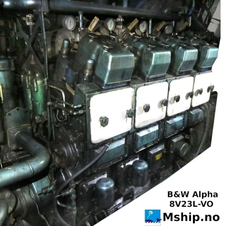 B&W Alpha 8V23L-VO — Manufacturer: B&W Alpha, Model: 8V23L-VO, Serial number: 12823, Year: 1979, HP: 999, kW: 745, RPM: 790, Number of cylinders: 8, Cylinder configuration: V-engine, Other: Gear for this engine is available, but sold separately., Gear type: B&W Alpha 23VO22, Gear ratio: Engine in 825 RPM /  Propeller side OUT 355 RPM