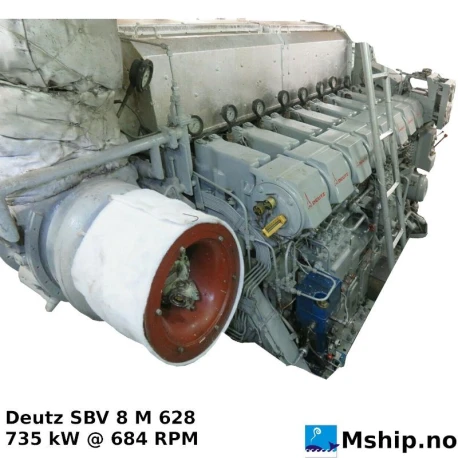 Deutz SBV 8 M 628 — Manufacturer: Deutz, Model: SBV 8 M 628, Serial number: 6729 648, HP: 999, kW: 735, RPM: 684, Cylinder bore: 240 mm, Piston Stroke: 280 mm, Number of cylinders: 8, Displacement: 101 340 cm3, Cylinder configuration: In line, Other: This engine is de rated - see photo for available power ratings., Weight: 11,5 TON with flywheel.
