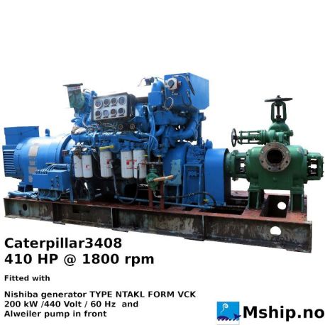 Caterpillar3408 — Manufacturer: Caterpillar, Model: 3408, Arrangement number: 8n3905, Serial number: 67U3064, Year: 1979, HP: 410, kW: 306, RPM: 1800, Cylinder bore: 137.2 mm, Piston Stroke: 152.4 mm, Number of cylinders: 8, Displacement: 18,02 Liter, Cylinder configuration: V-engine, Fuel Type: Diesel, Generator end type: Nishishiba Electric Type NTSKL Form VCK, Amps: 325, Volt: 440, HZ: 60, kVA: 250      (200 KW)