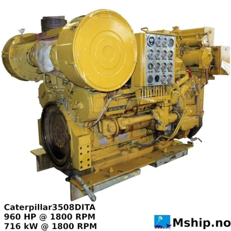 Caterpillar3508DITA — Manufacturer: Caterpillar, Model: 3508DITA, Arrangement number: 2W8860, Serial number: 96Y01535, HP: 960, kW: 716, RPM: 1800, Running Hours: 8.329 hrs since last top end overhaul.18.925 hrs since last major overhaul.  Total 76.181 hrs, Cylinder bore: 170 mm, Piston Stroke: 190 mm, Number of cylinders: 8, Displacement: 69,06 Liter, Cylinder configuration: V-engine, Rotation direction: CCW - Counter clockwise seen from aft, Fuel Type: MDO, Weight: Weight, Net Dry (approx.)    5,996 kg