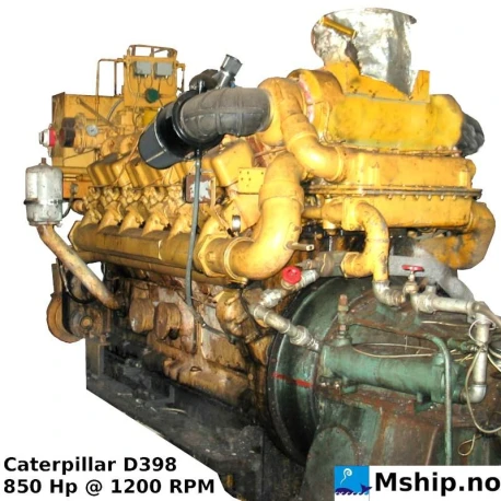 Caterpillar D398 — Manufacturer: Caterpillar, Model: D398, Serial number: 67B1837, HP: 850, kW: 625, RPM: 1200, Cylinder bore: 159 mm, Piston Stroke: 203 mm, Number of cylinders: 12, Displacement: 48,3 Liter, Cylinder configuration: V-engine, Fuel Type: Diesel, Weight: 6275 Kg  - Dry weight.