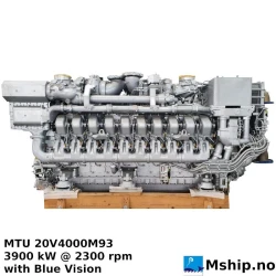 MTU 20V4000M93 — Manufacturer: MTU, Model: 20V4000M93, Serial number: 528 102 735 and  528 102 747, Performance specification: M93, Year: 2013  (never installed), HP: 5228, kW: 3900, RPM: 2100, Cylinder bore: 120 mm, Piston Stroke: 190 mm, Number of cylinders: 20, Displacement: displacement,  liter (cu in)  86.2 (5260), Cylinder configuration: V-engine, Rotation direction: CCW - Counter clockwise seen from aft, Fuel Type: Diesel, Other: WARRANTY: 1 year from the seller (require MTU commissioning assistance), Weight: 12280 kg - dry weight - engine only, Gear type: ZF 23560C, Gear ratio: 2,839:1, Remarks: Optimization of exhaust emissions 1) IMO II/EPA 2 , DIMENSIONs: (LxWxH) mm)  4015x1470x2440