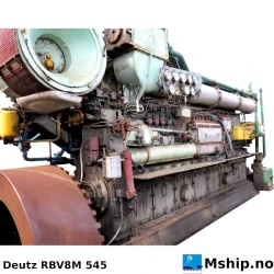 Deutz RBV 8M 545 — Manufacturer: Deutz, Model: RBV 8M 545, Serial number: 4748996, HP: 1302, kW: 971, RPM: 380, Cylinder bore: 320 mm, Piston Stroke: 450 mm, Number of cylinders: 8, Displacement: 289,53 liter, Cylinder configuration: In line, Rotation direction: Reversible engine - can rotate both ways, Fuel Type: DIESL / HFO, Weight: Net weight 21 Ton., Length Overall LOA Meter: 5445 mm