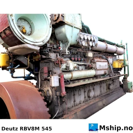 Deutz RBV 8M 545 — Manufacturer: Deutz, Model: RBV 8M 545, Serial number: 4748996, HP: 1302, kW: 971, RPM: 380, Cylinder bore: 320 mm, Piston Stroke: 450 mm, Number of cylinders: 8, Displacement: 289,53 liter, Cylinder configuration: In line, Rotation direction: Reversible engine - can rotate both ways, Fuel Type: DIESL / HFO, Weight: Net weight 21 Ton., Length Overall LOA Meter: 5445 mm