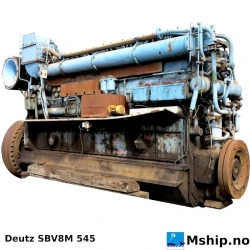Deutz SBV 8 M 545 — Manufacturer: Deutz, Model: SBV 8 M 545, Serial number: 3 458 158 165, HP: 1302, kW: 971, RPM: 380, Cylinder bore: 320 mm, Piston Stroke: 450 mm, Number of cylinders: 8, Displacement: 289,53 liter, Cylinder configuration: In line, Rotation direction: CCW - Counter clockwise seen from aft, Fuel Type: DIESL / HFO, Other: The turbo charger can be mounted at the driving end or free end of the engine, Weight: 21 Ton., Length Overall LOA Meter: 5445 mm