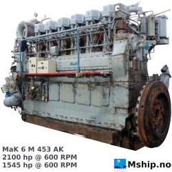 MaK 6 M 453 AK — Manufacturer: MaK, Model: 6 M 453 AK, Serial number: 26061, Year: 1975, HP: 2100, kW: 1545, RPM: 600, Running Hours: 16798 hours since major overhaul. Total 93915 hours., Cylinder bore: 320 mm, Piston Stroke: 450 mm, Number of cylinders: 6, Displacement: 217,15 Liter, Cylinder configuration: In line, Rotation direction: Starboard engine.
