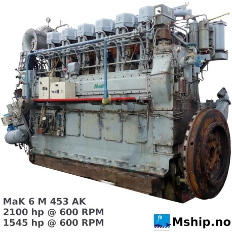 MaK 6 M 453 AK — Manufacturer: MaK, Model: 6 M 453 AK, Serial number: 26061, Year: 1975, HP: 2100, kW: 1545, RPM: 600, Running Hours: 16798 hours since major overhaul. Total 93915 hours., Cylinder bore: 320 mm, Piston Stroke: 450 mm, Number of cylinders: 6, Displacement: 217,15 Liter, Cylinder configuration: In line, Rotation direction: Starboard engine.