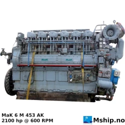 MaK 6 M453 AK — Manufacturer: MaK, Model: 6 M453 AK, Serial number: 26060, HP: 2100, kW: 1545, RPM: 600, Running Hours: 16878 hours since major overhaul.  Total 93986 hours., Cylinder bore: 320 mm, Piston Stroke: 450 mm, Number of cylinders: 6, Displacement: 217,15 Liter, Cylinder configuration: In line, Rotation direction: Port m.engine.