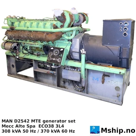 MAN D2542-MTE  generator set — Manufacturer: MAN, Model: D2542-MTE, Manufacturers part number: Complete generator set: MAN Works NO 502975 - Model MV 320D1500, Serial number: 48039880144101, Year: Generator end: 2016.  Engine: 1981, RPM: 1500 / 1800, Cylinder bore: 125 mm, Piston Stroke: 142 mm, Number of cylinders: 12, Cylinder configuration: V-engine, Fuel Type: Diesel, Generator end type: Mecc Alte Spa ECO38 3L4  No: 0001953518, Amps: 1546/889/773/445 - 50 Hz
1682/971/841/485 - 60 Hz, Volt: 115/200/230/400 - 50 HZ
127/220/254/440 - 60 HZ, HZ: 50 / 60, kVA: 308 - 50 Hz / 370 - 60 Hz