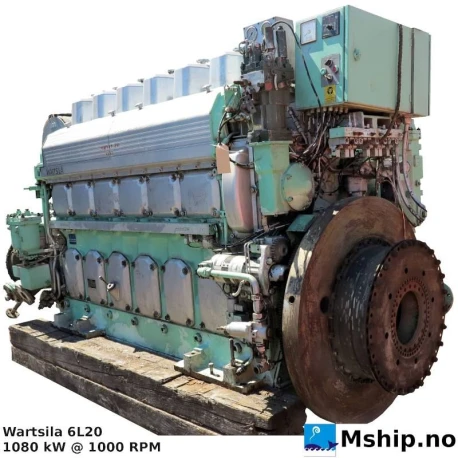 Wartsila 6L20 — Manufacturer: Wärtsilä, Model: 6L20, Serial number: 21757, Performance specification: 171198, Year: 2002, HP: 1448, kW: 1080, RPM: 1000, Cylinder bore: 200 mm, Piston Stroke: 280 mm, Number of cylinders: 6, Displacement: 52.8 Liter, Cylinder configuration: In line, Weight: 9300 kg