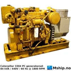 Caterpillar 3304 — Manufacturer: Caterpillar, Model: 3304 PC, Arrangement number: 6N1105, Serial number: 2B5512, RPM: 1800, Cylinder bore: 120,65 mm, Piston Stroke: 152,4 mm, Number of cylinders: 4, Displacement: 7,0 Liter, Cylinder configuration: In line, Fuel Type: Diesel, Other: Heat exchanger SOLD - not included, Generator end type: Stamford UCM224G1 serial Number A15F264858, Amps: 110,2, Volt: 440, HZ: 60, kVA: 84
