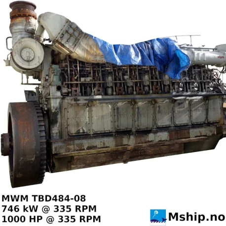 MWM TBD484-08 — Manufacturer: MWM, Model: TBD484-08, Serial number: 484.0801025, Year: 1971, HP: 1000, kW: 746, RPM: 335, Cylinder bore: 320 mm, Piston Stroke: 240 mm, Number of cylinders: 8, Displacement: 308,8 Liter, Cylinder configuration: In line, Rotation direction: Clockwise or counter-clockwise, Weight: 23,7 Ton dry weight without flywheel and accessories.