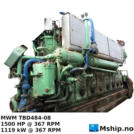 MWM TBD484-08 — Manufacturer: MWM, Model: TBD484-08, Serial number: 484.0810011, Year: 1978, HP: 1479, kW: 1103, RPM: 367, Cylinder bore: 320 mm, Piston Stroke: 240 mm, Number of cylinders: 8, Displacement: 308,8 Liter, Cylinder configuration: In line, Rotation direction: Clockwise or counter-clockwise, Weight: 23,7 Ton dry weight without flywheel and accessories.